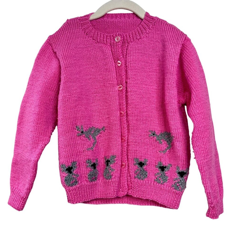 HAND KNIT Kangaroo Koala Cardigan Girls 6 Pink Sweater Australian Animals Girl